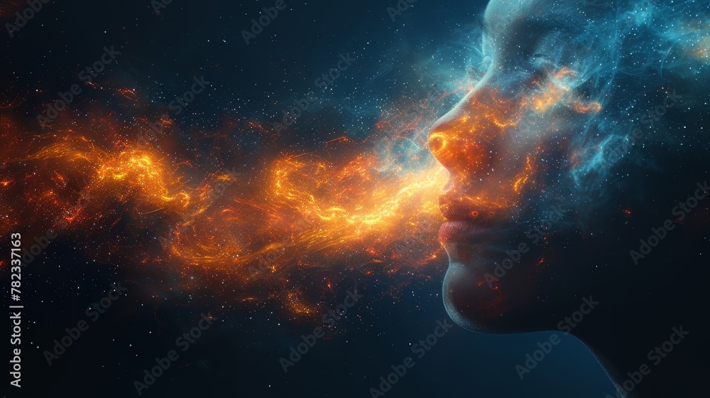 A tight shot of a face against an expanse of vibrant orange and blue stars A tight shot of a face against an expanse of vibrant orange and blue stars