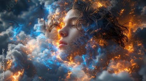  A woman's visage is encircled by a halo of blue and yellow flames and rising smokes, her gaze locked upward toward the heavens #782337142