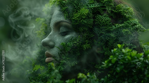   A woman's visage is veiled in green foliage and misty smoke as her eyes remain shut, gazing intently into the distance