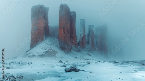   A towering rock formation, jutting from a snow-covered field, features protruding stones on its flanks