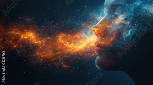  A tight shot of a face against an expanse of vibrant orange and blue stars