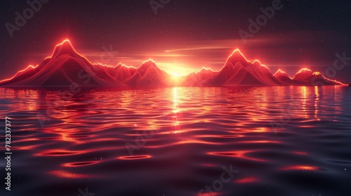   A cluster of mountains rising from the heart of a water body beneath a radiant sun above