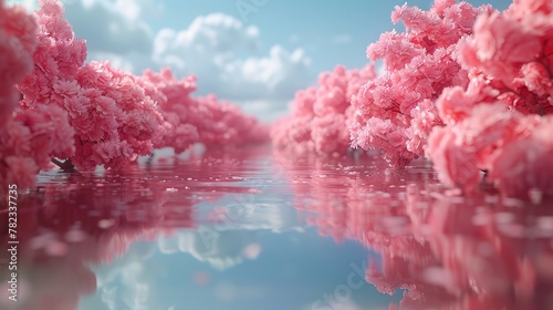  A cluster of trees borders a water body In the foreground, pink-blooming flowers bloom Behind, a blue sky is speckled with clouds