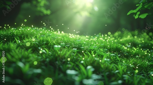   A lush, green field teeming with abundant grass, dotted with dewdrops Nearby, a forest densely populated by trees photo