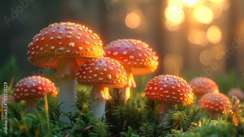  A group of orange mushrooms sits atop a lush green forest, speckled with countless tiny white dots covering the grass