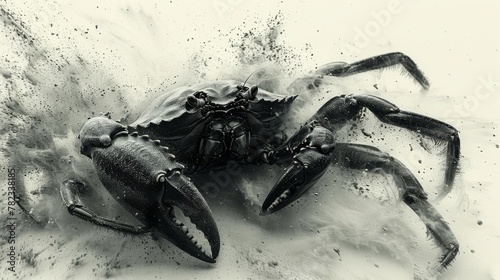  A monochrome image of a crab spraying water from its back legs as it lifts its claws