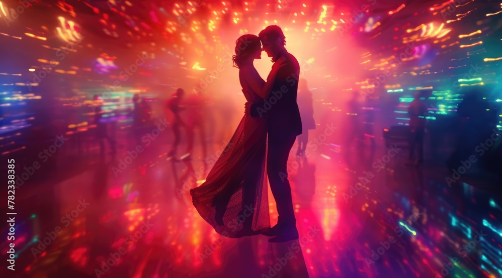 Romantic man and woman are dancing on a dance floor illuminated by colorful lights.