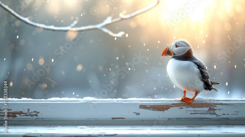  A bird perched on a window sill, snowfall outside dusting the ledge Tree branch in the background