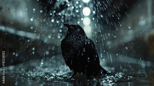 A black raven sits in a subway tunnel under drops of water from a pipe. photo