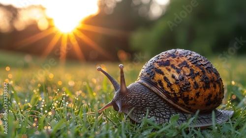  A tight shot of a snail on a blade of grass, sun behind, grass in foreground