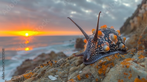  A tight shot of a snail on a rock by a body of water as the sun sets behind