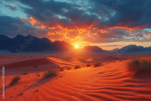 Sun setting over desert landscape