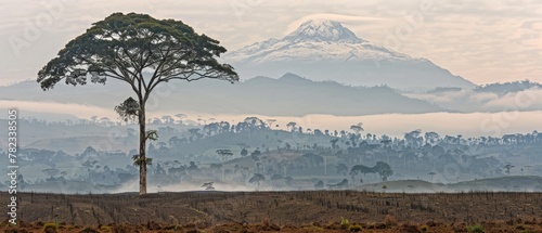   A solitary tree in a field, mountain backdrop shrouded in fog, foreground populated with trees