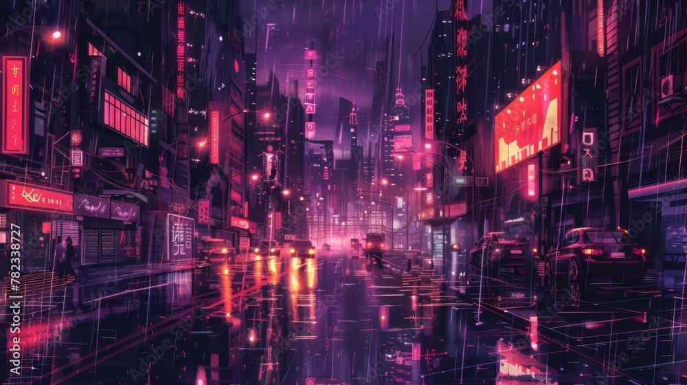 3D Rendering of neon mega city with light reflection from puddles on street heading toward buildings. Concept for night life, business district center (CBD)Cyber punk theme, tech background - obrazy, fototapety, plakaty 