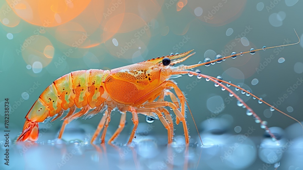 A tight shot of a shrimp on a flat surface, with water drops grazing its back The background is indistinctly blurred A tight shot of a shrimp on a flat surface, with water drops grazing its back The background is indistinctly blurred
