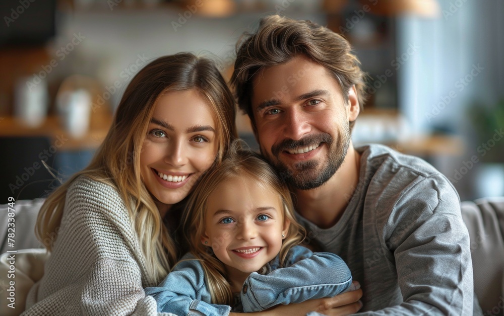 Man and woman sitting on a couch with a little girl Man and woman sitting on a couch with a little girl