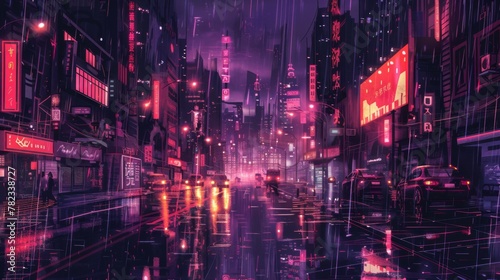 3D Rendering of neon mega city with light reflection from puddles on street heading toward buildings. Concept for night life, business district center (CBD)Cyber punk theme, tech background