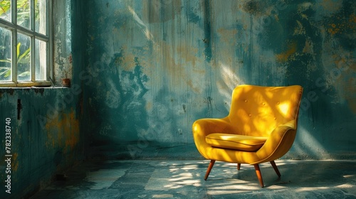 Yellow chair by the window on a dark blue background