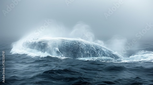  A large gray whale in the midst of a water body, emitting copious amounts of spray from its mouth