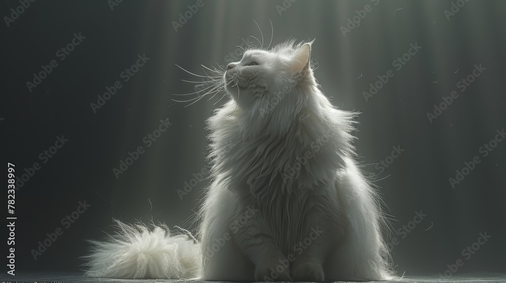   A white cat atop a wooden floor, with light casting down onto its head - obrazy, fototapety, plakaty 