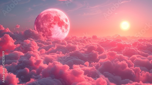   The sun sets behind clouded skies, casting pink hues, as the moon takes center stage photo