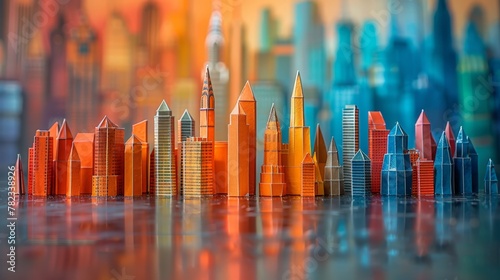   A collection of toy city buildings sits atop a table Nearby stands a building with a spire