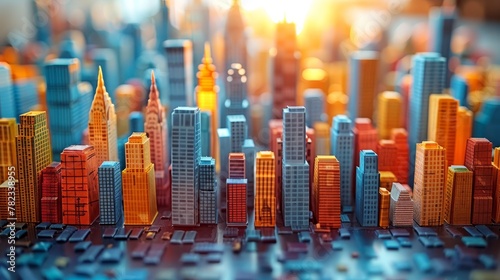   A city model with foreground skyscrapers and sunshine behind them