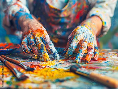 Colorful Hands of an Inspired Artist Engrossed in Paint and Creativity photo