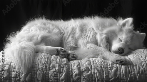   A black-and-white image of a dog asleep on a bed  its head resting on a pillow