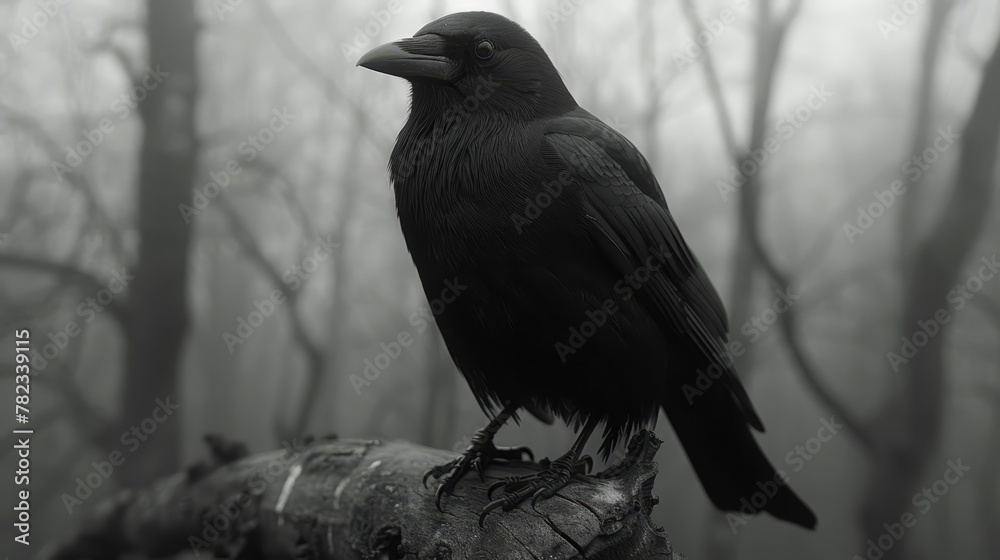 Obraz premium A black bird perches atop a decaying wood piece amidst a forest of tall, thin dead trees