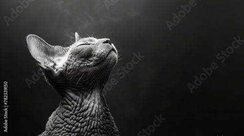   A tight shot of a cat's expressive face with cigarette smoke curling from its muzzle against a backdrop of unyielding darkness photo
