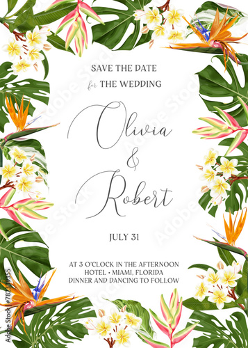 Summer frame with tropical flowers and leaves for invitation, banner, greeting card. Vector.