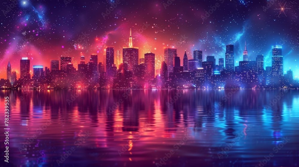   A city skyline mirrored in a tranquil lake at night, illuminated by twinkling lights and stars above
