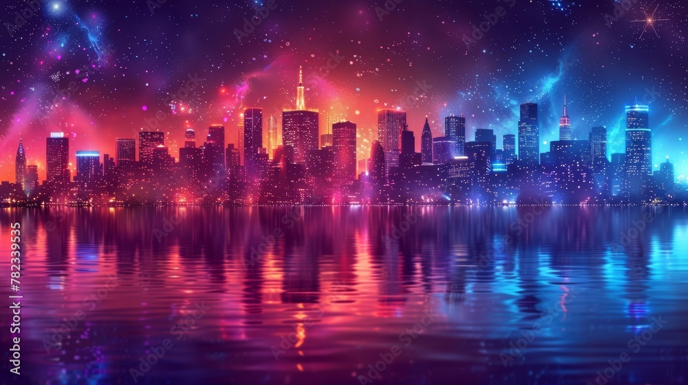 A city skyline mirrored in a tranquil lake at night, illuminated by twinkling lights and stars above A city skyline mirrored in a tranquil lake at night, illuminated by twinkling lights and stars above