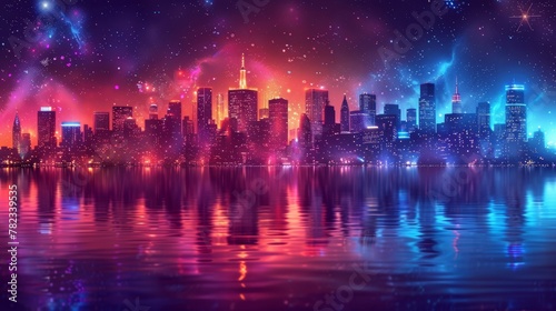  A city skyline mirrored in a tranquil lake at night, illuminated by twinkling lights and stars above