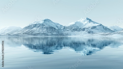  A mountain range mirrors in the tranquil water of a snow-covered lake nestled among it