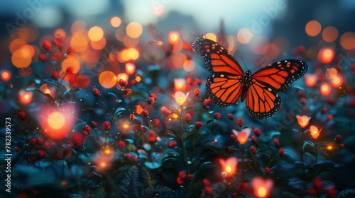   A tight shot of a butterfly amidst a flower field with a hazy backdrop of red and yellow lights © Jevjenijs