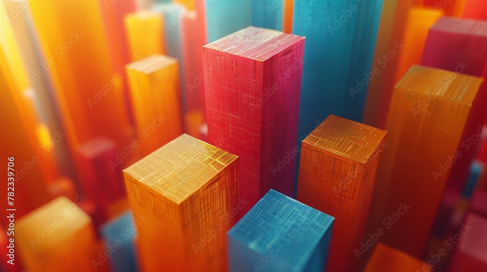 A collection of vibrant blocks aligned beside an orange, pink, blue, and yellow wall A collection of vibrant blocks aligned beside an orange, pink, blue, and yellow wall