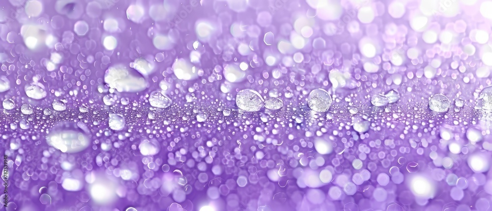   A tight shot of water droplets against a purple backdrop The droplets are softly blurred in an overlay against the solid purple background