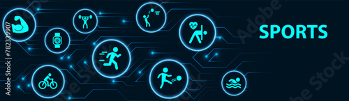 Sports vector EPS 10. Blue concept with no people and icons related to exercising, training and fitness, heart health, healthy and sportive active lifestyle photo