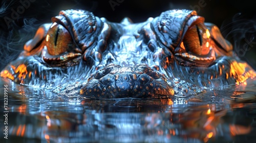  A tight shot of an alligator's head submerged in water, exhaling billows of steam