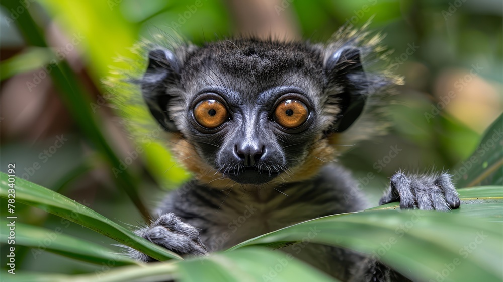 A tight shot of a monkey grasping a tree branch, surrounded by foreground leaves, and a softly blurred background A tight shot of a monkey grasping a tree branch, surrounded by foreground leaves, and a softly blurred background