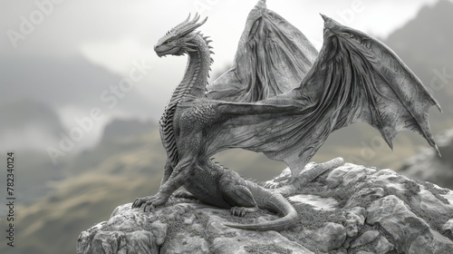   A monochrome image of a dragon statue atop a rock against mountainous backdrop