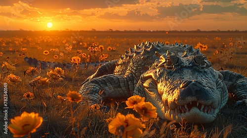   A large alligator reclines among a field of wildflowers as the sun sets in the background photo