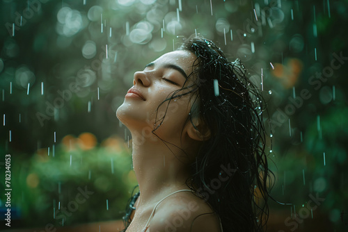 A girl stands under drops of water, summer rain
