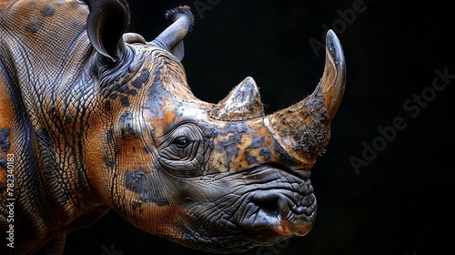   A tight shot of a rhino's face against a black backdrop, its head subtly blurred © Jevjenijs