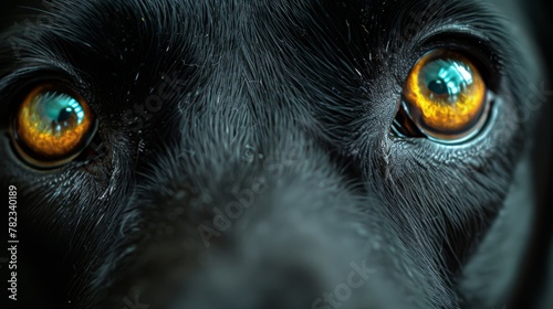   A tight shot of a black dog's head Its eyes are bright yellow The dog's sleek black fur is contrasted by a blue collar encircling its neck photo