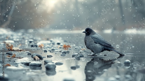   A bird perches at the forest's edge on a body of water amidst the rain photo