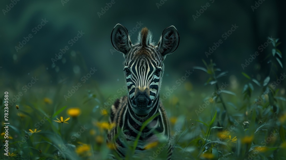 Fototapeta premium A tight shot of a zebra in a grassy expanse, adorned with flowers in the foreground and trees in the backdrop