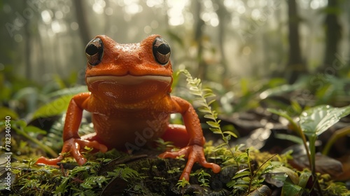   A tight shot of a frog perched on mossy terrain, surrounded by trees in the distance, with sunlight casting light on the amphibian photo